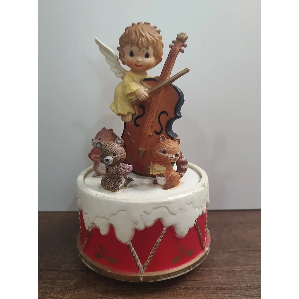 Vtg Hand Painted Revolving Musical Angel Squirrels Teddy Bear Music Box Works